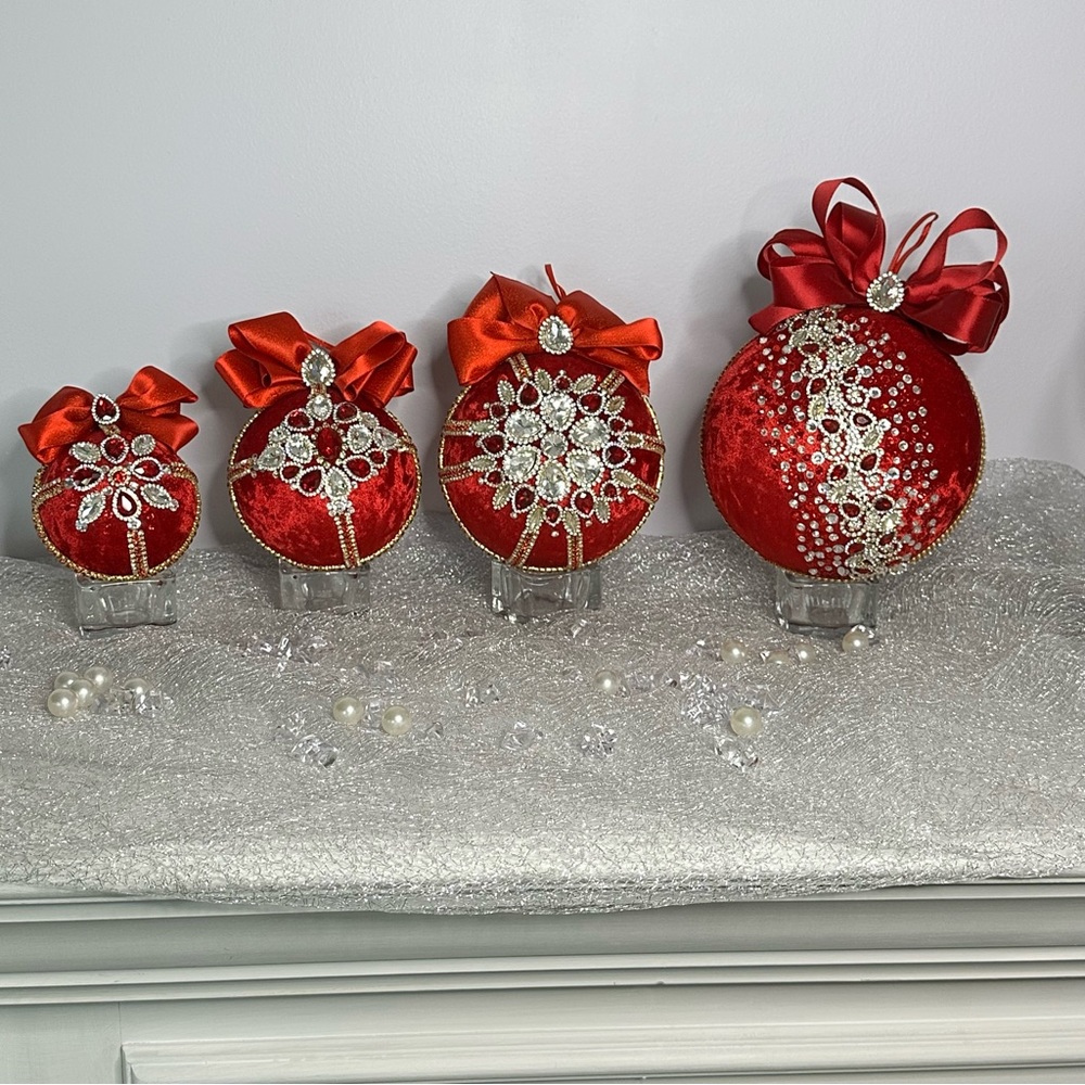Red Velvet Christmas Ornaments Handmade  Rhinestones 80mm,120mm,140mm,160mm Set